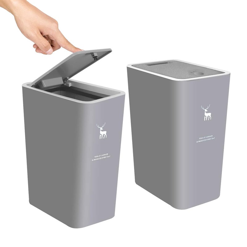 XPIY Trash Can with Lid, 2 Pack 4 Gallons/15 Liters Garbage Can with Press Top, Small Trash Can Dog Proof, Plastic Trash Bin, Waste Basket for Bathroom|Kitchen|Bedroom|Office (2, Grey) - Image 1